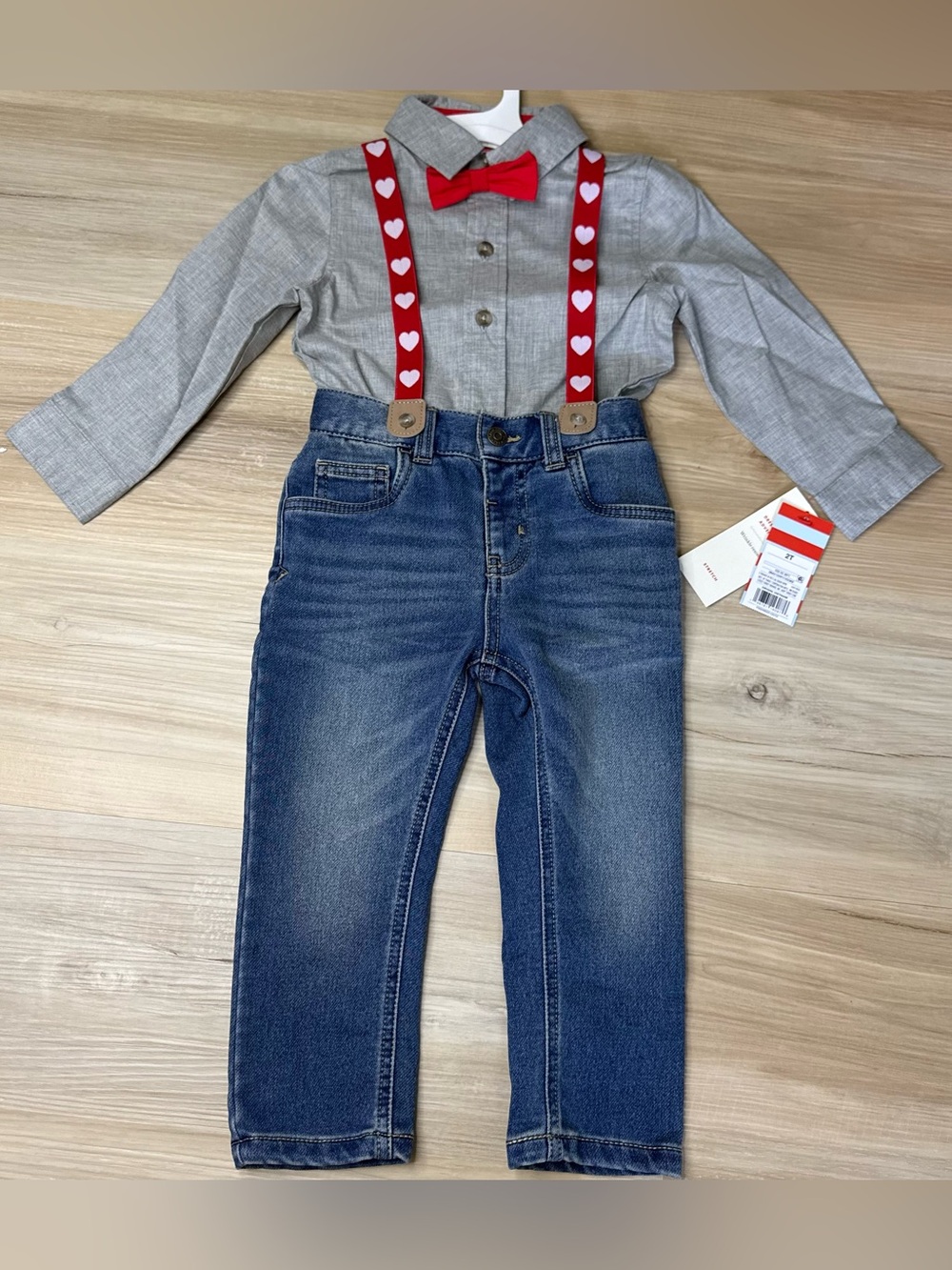 Cat & Jack Toddler Boys Heart Suspender Gray Valentines outfit